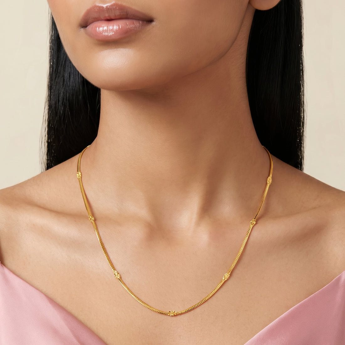 PRAO Necklace Anti-Tarnish Floral Snake Chain