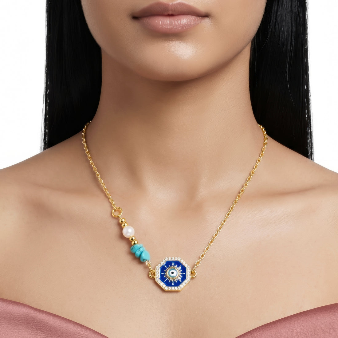 PRAO Necklace Anti-Tarnish Octagonal Evil Eye Pendant Chain