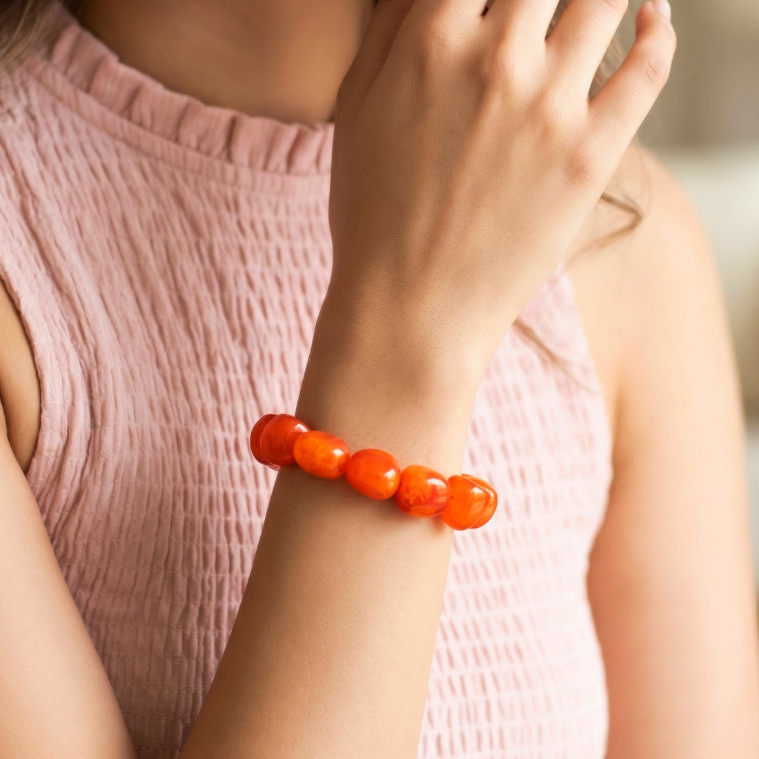 PRAO Bracelet Anti-Tarnish Marbled Honey Amber Resin Stretchable Bangle (Adjustable Size)