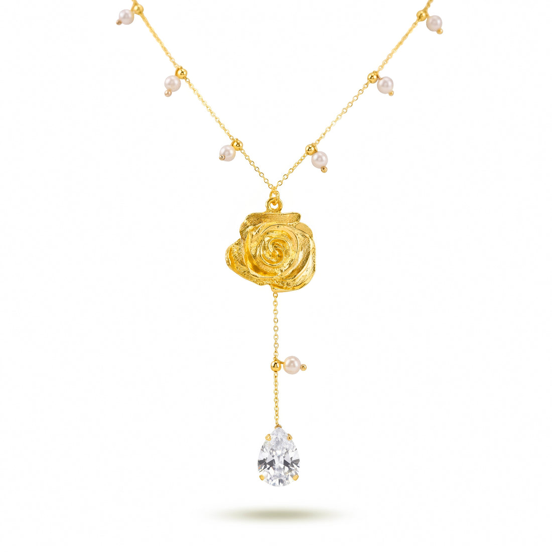 PRAO Necklace Anti-Tarnish Rose Lariat With Pearls And Teardrop Crystal