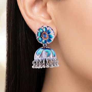 PRAO Earrings Anti-Tarnish Aqua Blue Multi-Color Floral Printed Jhumki