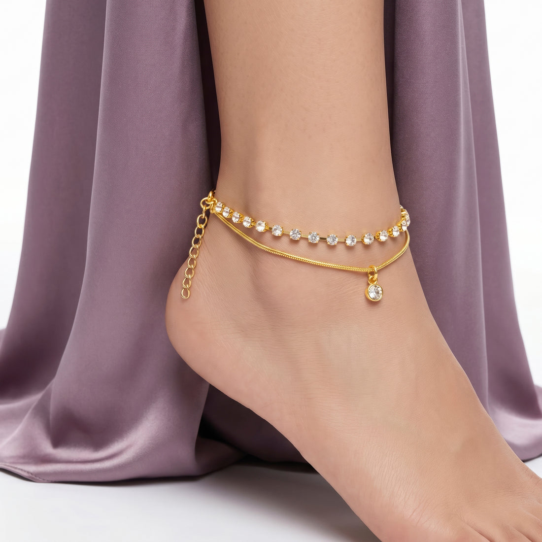 PRAO Anklet Anti-Tarnish Double-Strand Crystal Pendant Chain