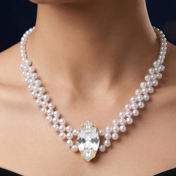 PRAO Necklace Anti-Tarnish Pearl Marquise Crystal
