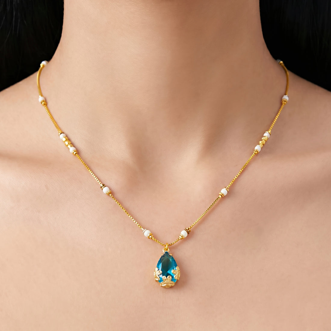 PRAO Necklace Anti-Tarnish Blue Teardrop Crystal Pendant Beaded Spacer Chain