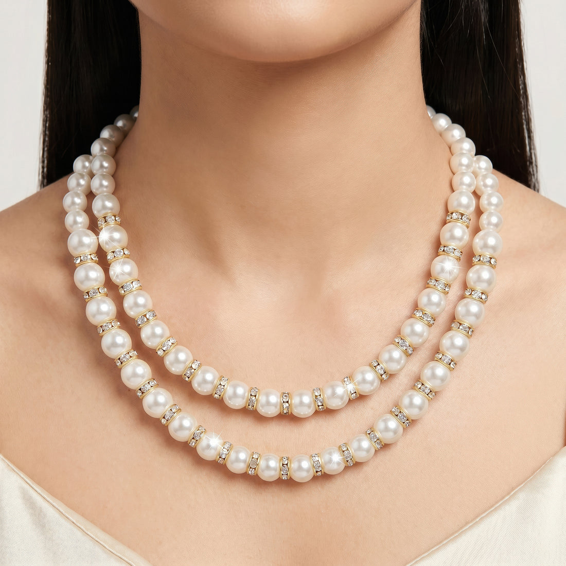 PRAO Necklace Anti-Tarnish Double-Layered Faux Pearl Set With Earrings