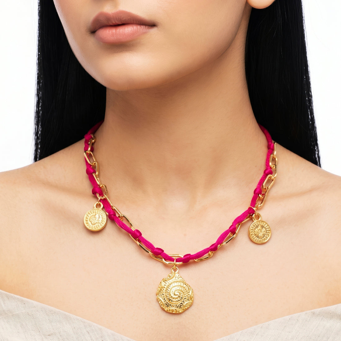 PRAO Necklace Anti-Tarnish Fuchsia Pink Cord Chain With Coin Charms & Teardrop Pendant