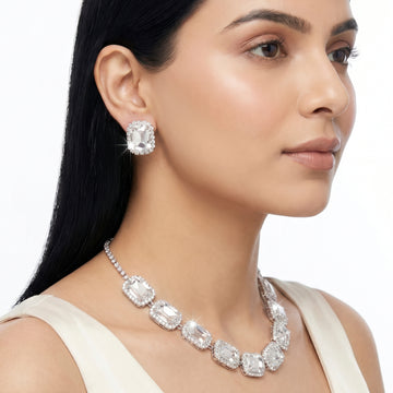 PRAO Necklace Anti-Tarnish Rectangle Crystal Set With Earrings