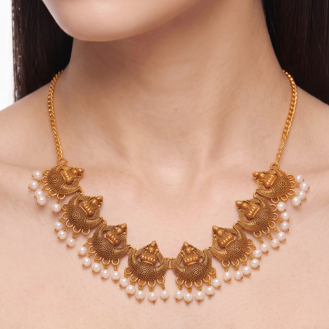 PRAO Necklace Anti-Tarnish Antique Temple Lakshmi Chain With Crescent Motifs And Pearl Fringe