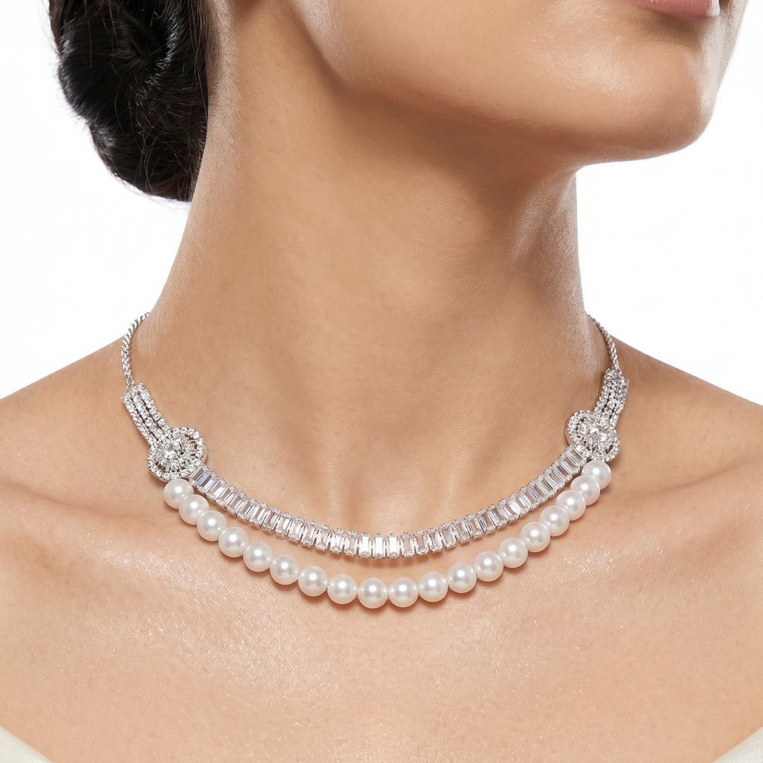 PRAO Necklace Anti-Tarnish Layered Baguette And Pearl Set With Earrings