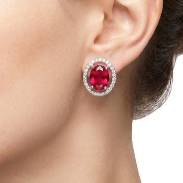 PRAO Earrings Anti-Tarnish Oval Ruby Red Crystal Halo Studs