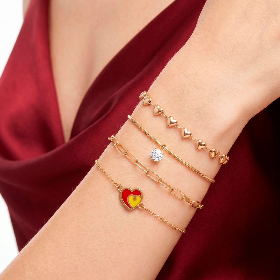 PRAO Bracelet Anti-Tarnish Combo Of Four With Heart And Chain Mix (Adjustable Size)
