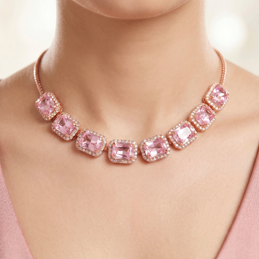 PRAO Necklace Anti-Tarnish Soft Pink Rectangle Crystal