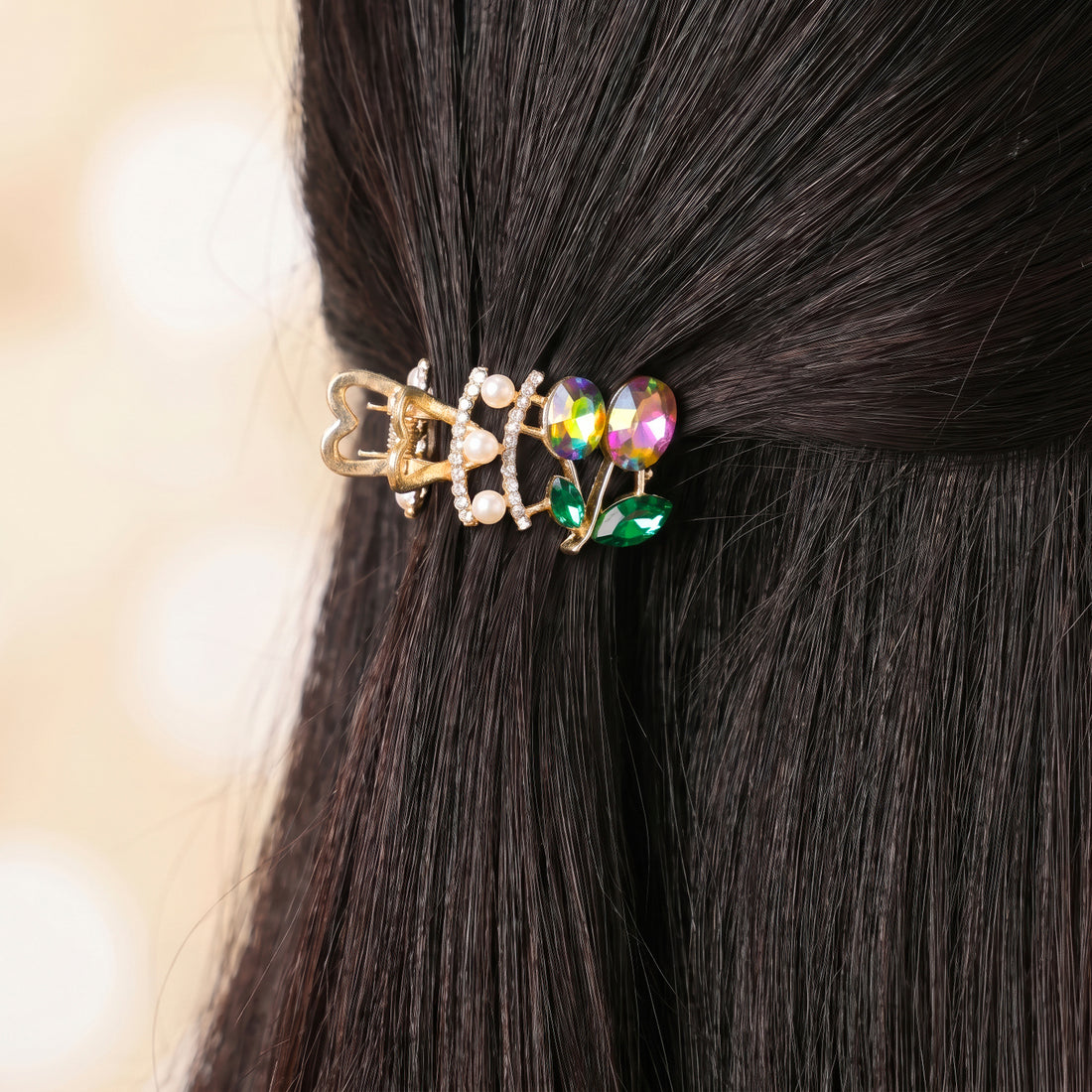 PRAO Hair Claw Clip Anti-Tarnish Cherry Crystal And Pearl