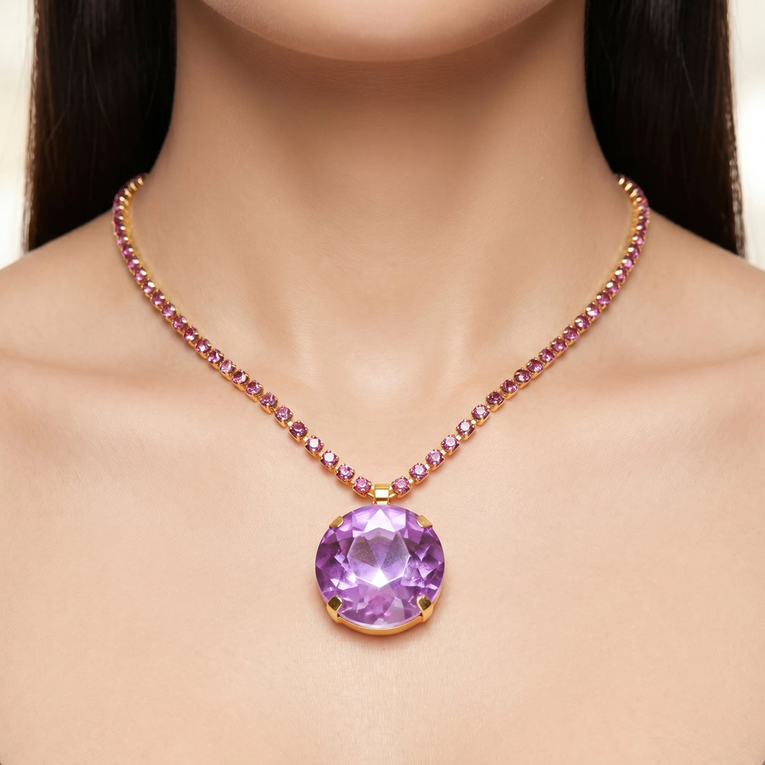PRAO Necklace Anti-Tarnish Oversized Round Purple Crystal Pendant