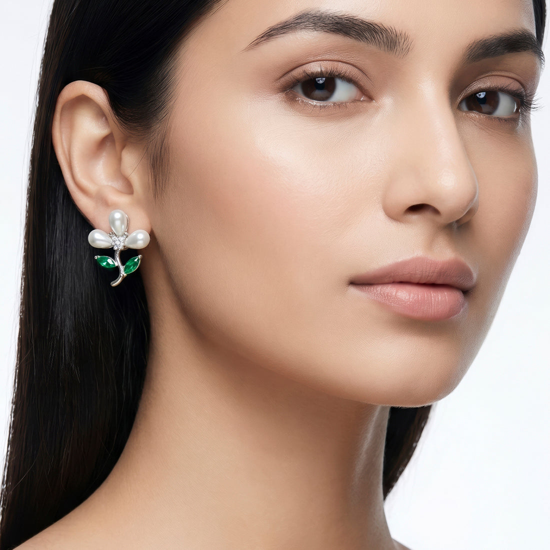 PRAO Earrings Anti-Tarnish Floral With Green Crystal Accents