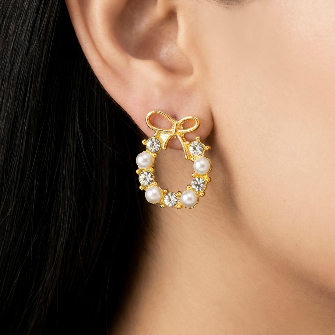 PRAO Earrings Anti-Tarnish Pearl Bow Wreath Studs