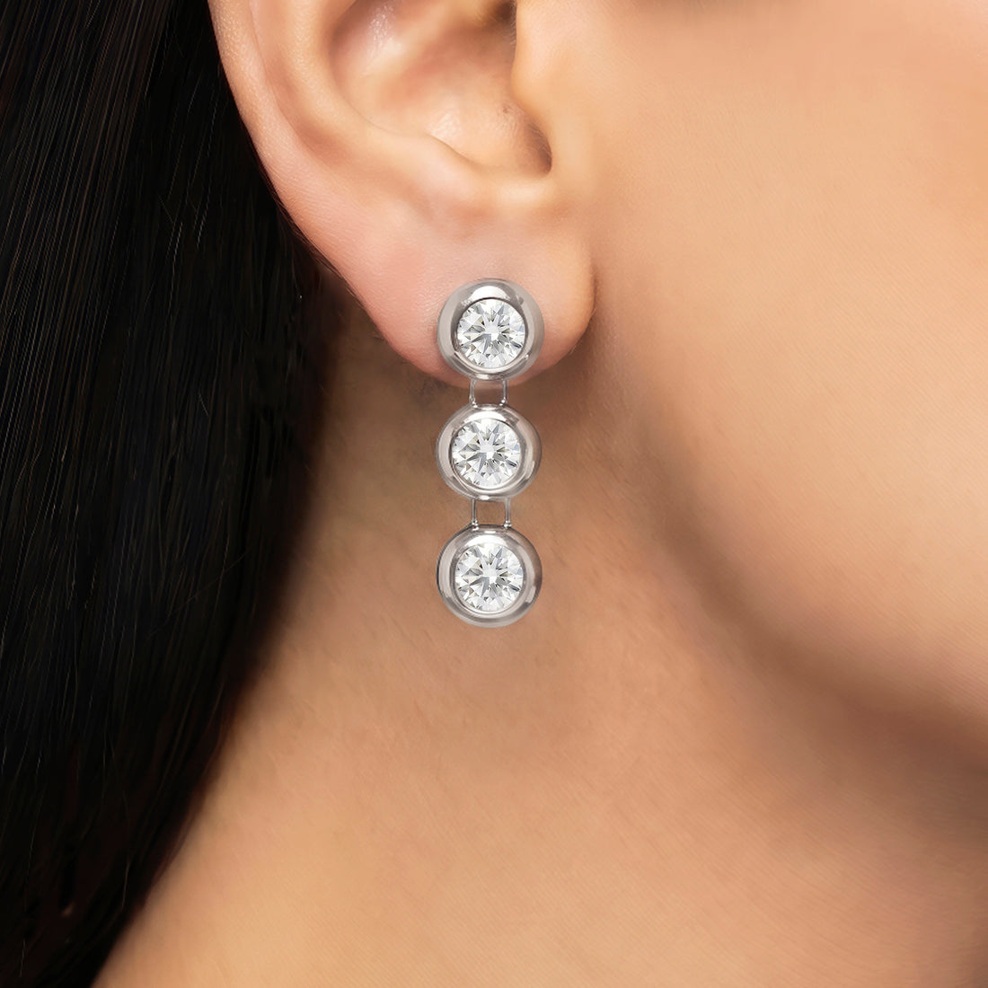 PRAO Earrings Anti-Tarnish Silver Triple-Drop Bezel-Set Crystal