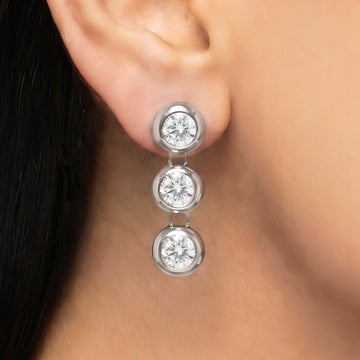 PRAO Earrings Anti-Tarnish Silver Triple-Drop Bezel-Set Crystals Drop