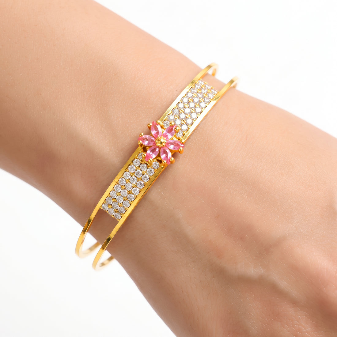 PRAO Bracelet Anti-Tarnish Split-Band Pink Crystal Flower Bangle With Pavé Stone Accents (Adjustable Size)