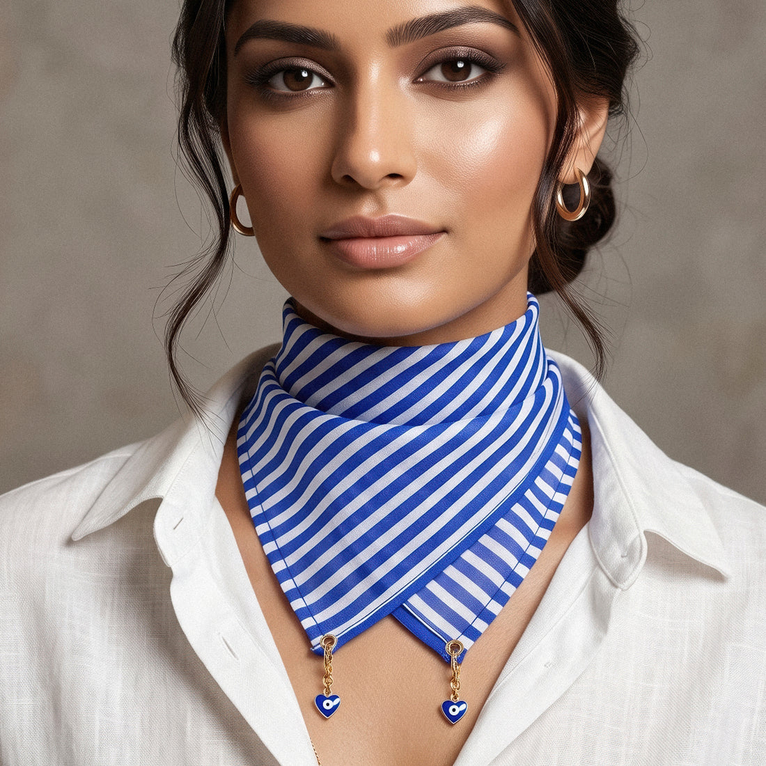 PRAO Scarf Necklace Anti-Tarnish Blue And White Diagonal Stripe With Heart Evil Eye Detachable Charms