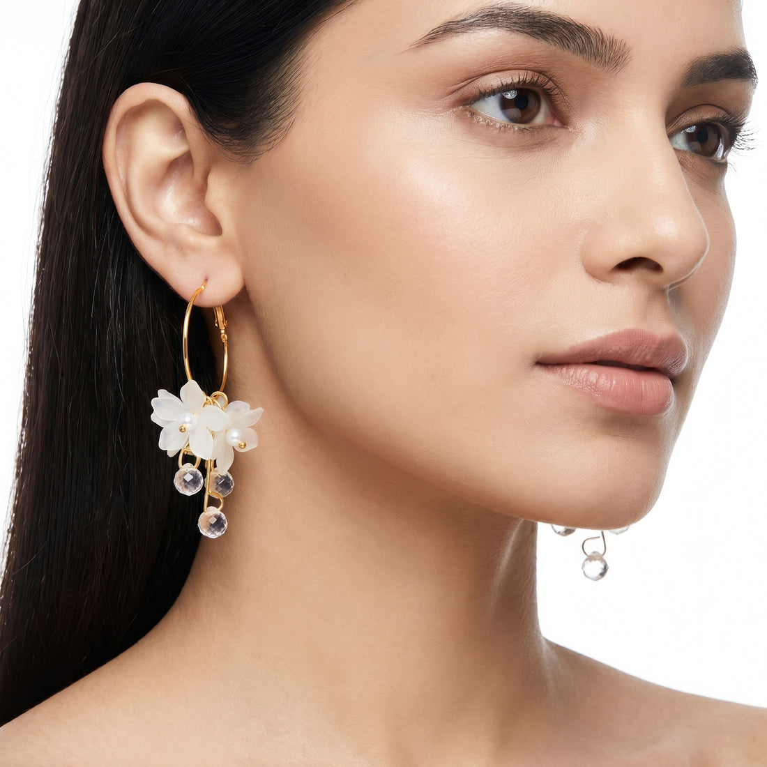 PRAO Earrings Anti-Tarnish White Statement With Floral Petal Drops