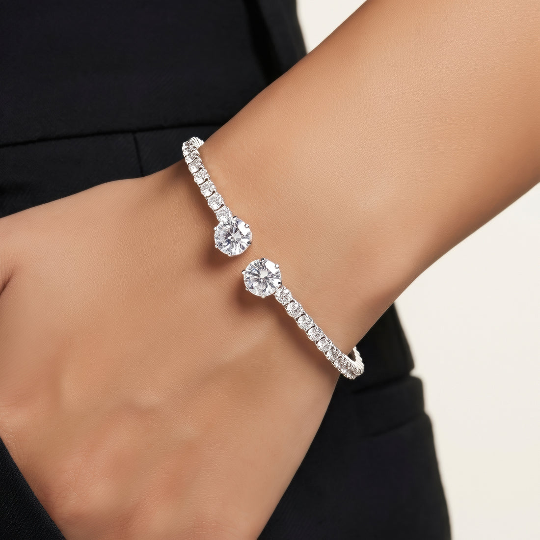 PRAO Bracelet Anti-Tarnish Open Cuff With Rhinestone Row And Round Crystal Ends (Adjustable Size)