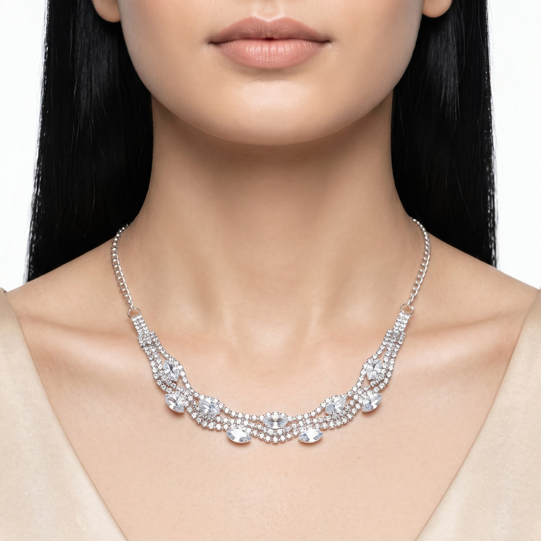 PRAO Necklace Anti-Tarnish Rhinestone with Marquise-Cut Crystal Accents