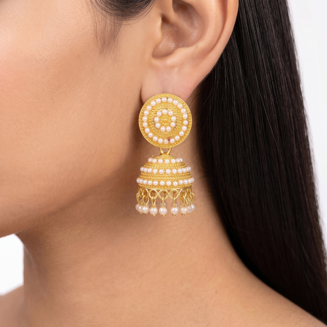 PRAO Earrings Anti-Tarnish Textured Pearl Jhumka Dangles With Circular Studs And Pearl Drops
