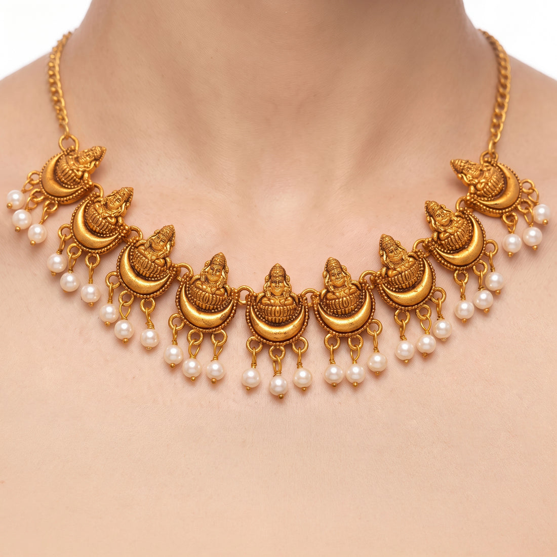 PRAO Necklace Anti-Tarnish Antique Temple Lakshmi Chain With Crescent Panels And Pearl Fringe