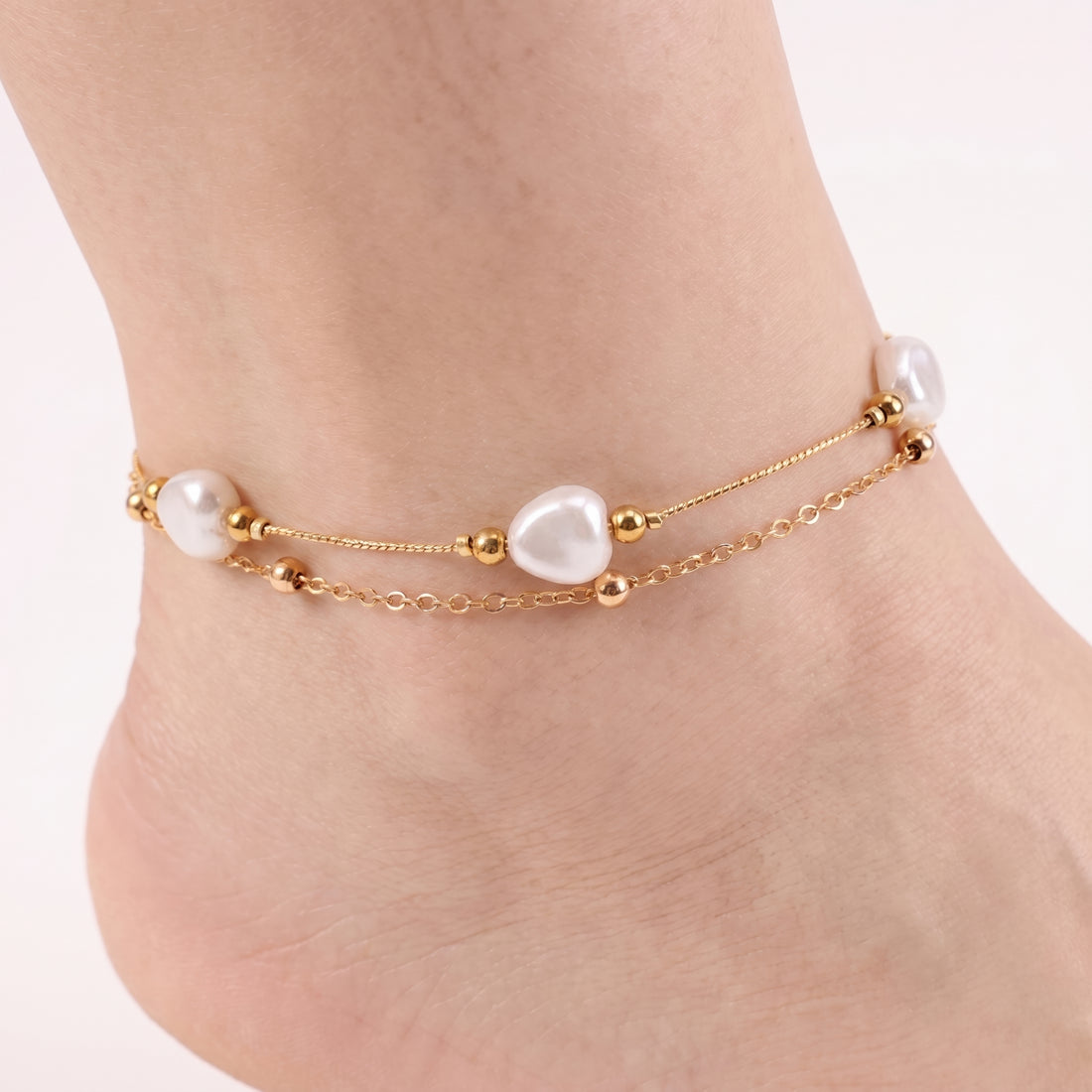 PRAO Anklet Anti-Tarnish Layered With Faux Pearls And Metallic Beads