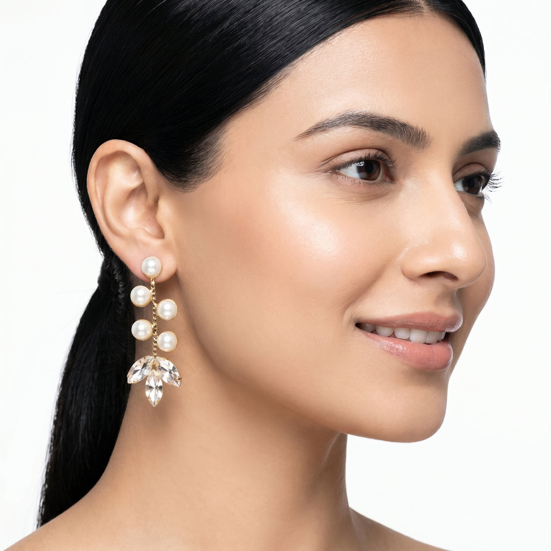 PRAO Earrings Anti-Tarnish Drop With Pearl Clusters And Crystal Accents