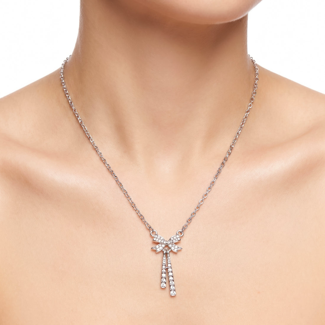 PRAO Necklace Anti-Tarnish Silver Bow Crystal