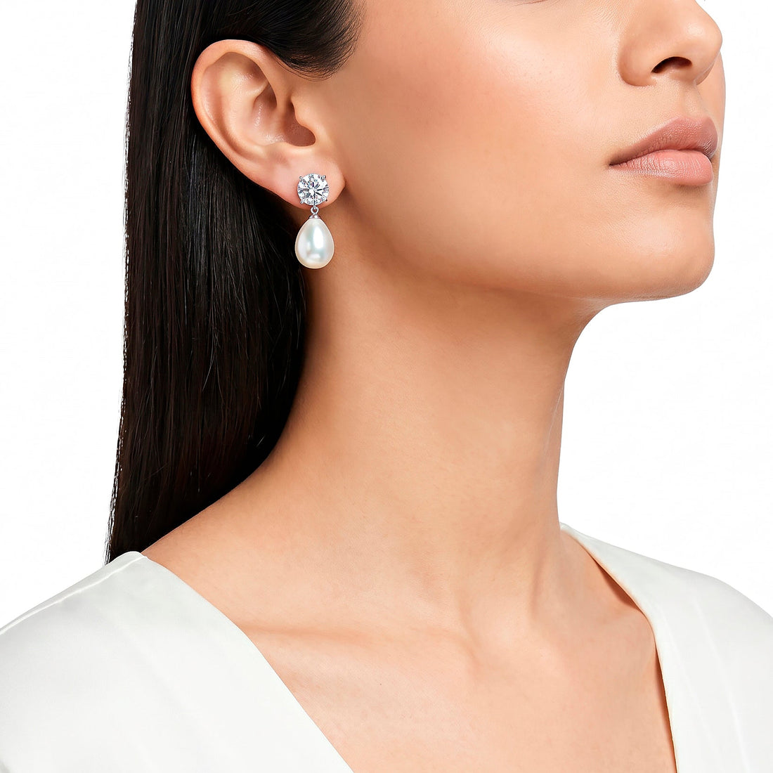 PRAO Earrings Anti-Tarnish Crystal Top & Pearl Drop Mini Studs