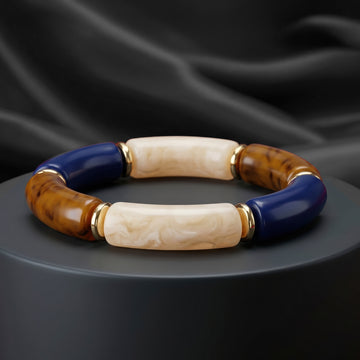 PRAO Bracelet Anti-Tarnish Cream, Cobalt Blue & Tortoiseshell Tube Bead Stretchable Bangle (Adjustable Size)