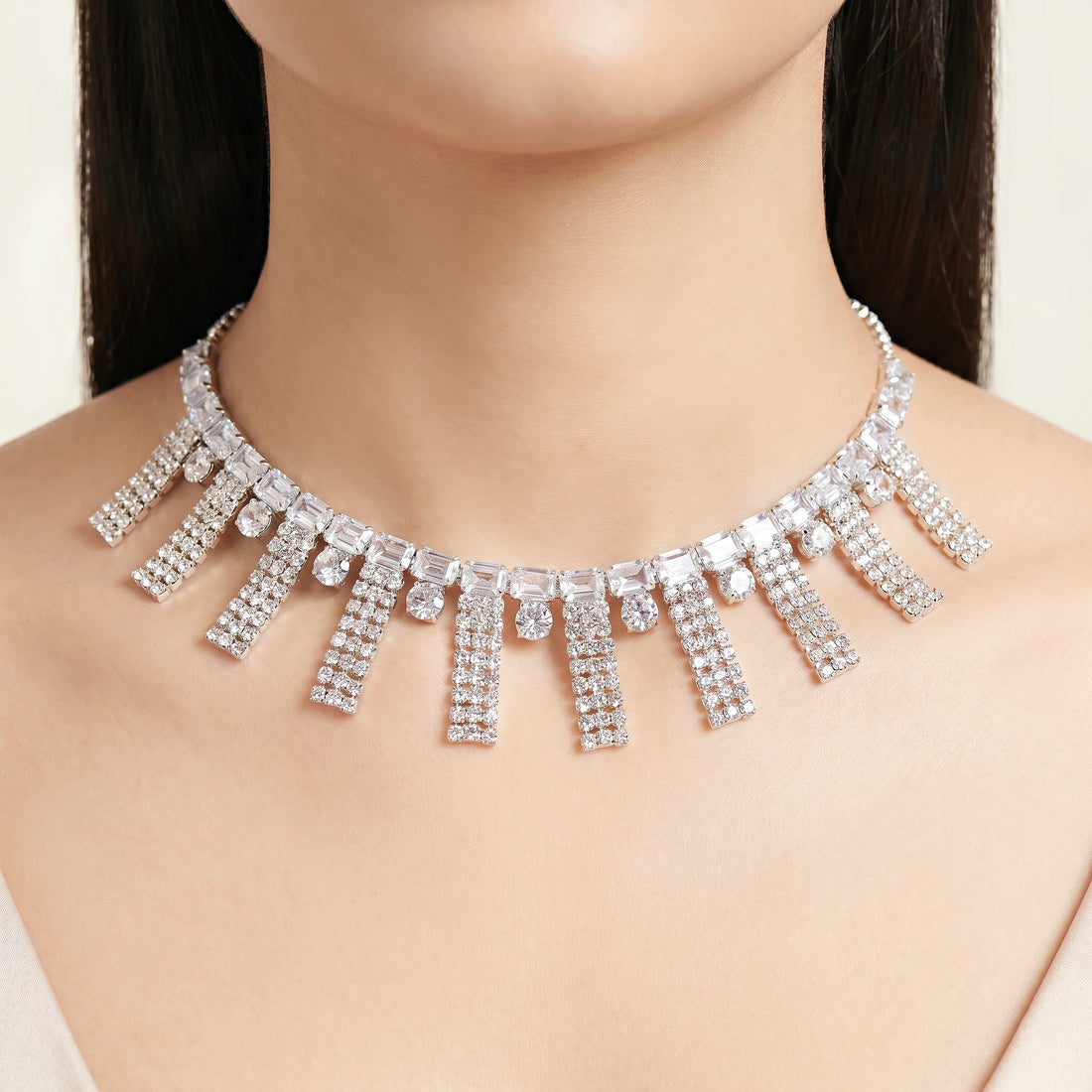 PRAO Necklace Anti-Tarnish Cascading Fringe Curved Drop Set With Earrings
