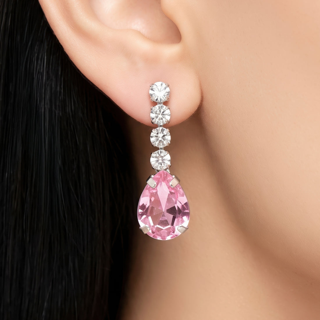 PRAO Earrings Anti-Tarnish Linear Crystal Dangles With Pink Teardrop Stone