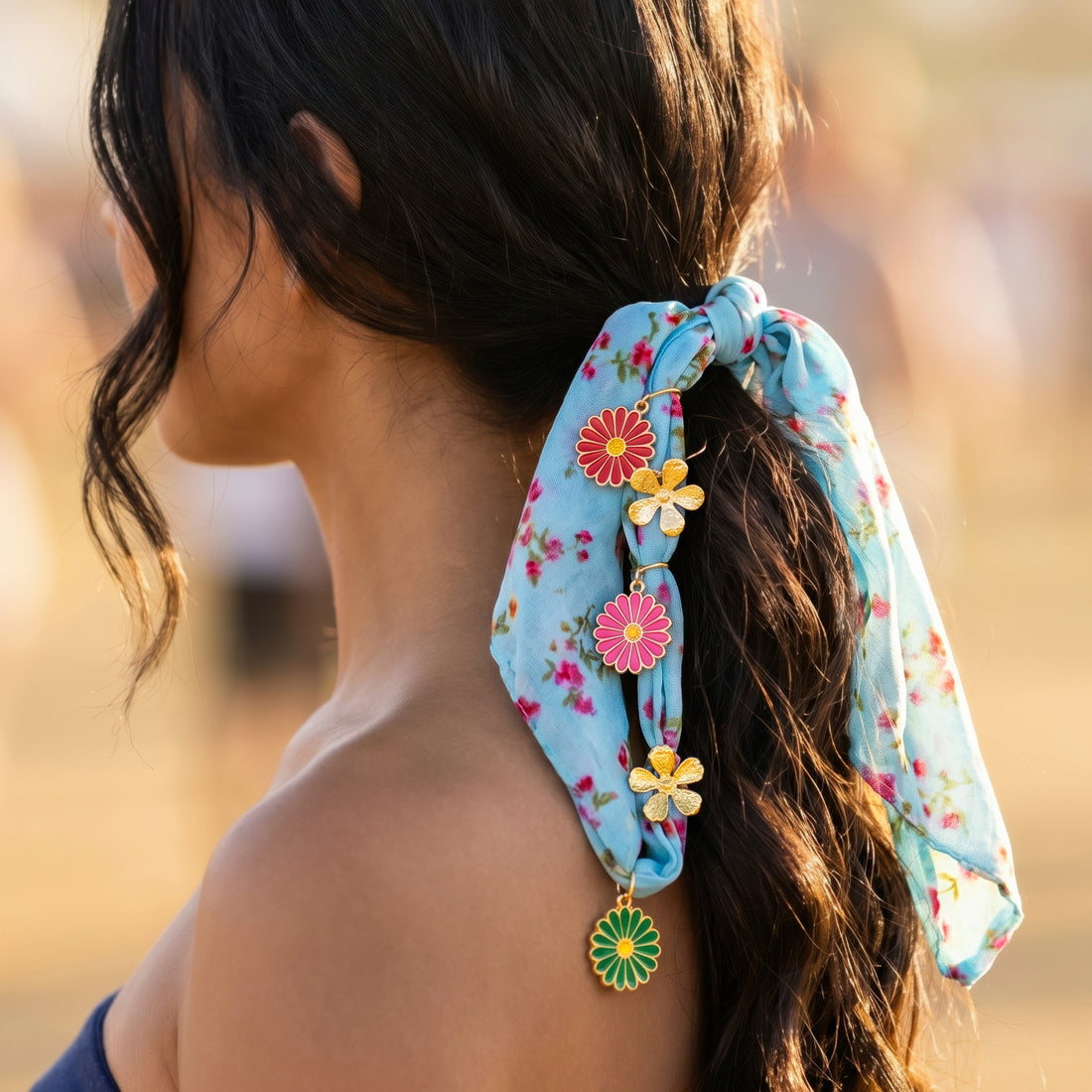 PRAO Necklace Anti-Tarnish Light Blue Printed Fabric Choker Adorned With Multi-Colored Daisy Charms