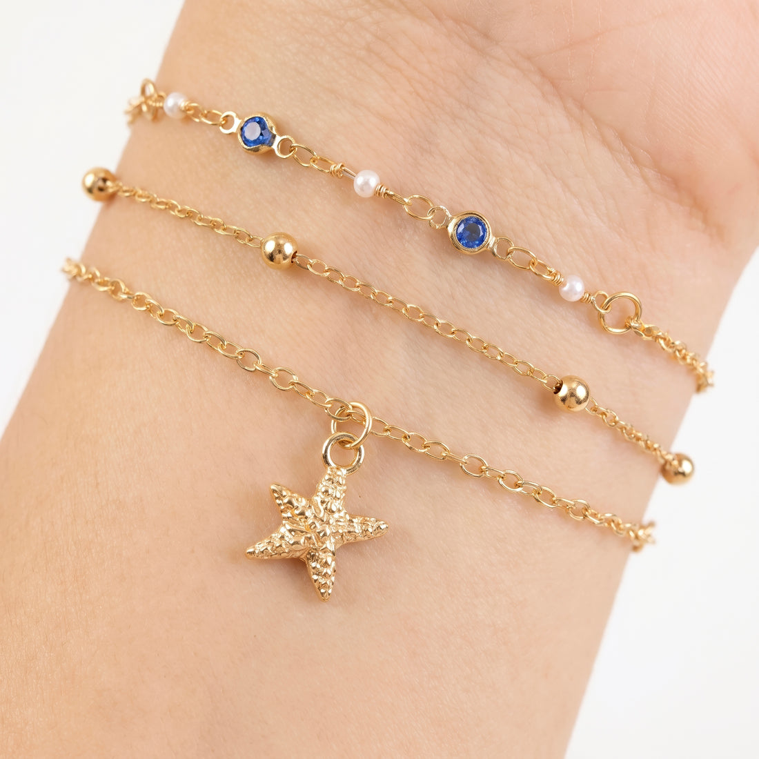 PRAO 3 Bracelet Anti-Tarnish Three-Strand With Starfish Charm And Bead Accents (Adjustable Size/Color May Vary)