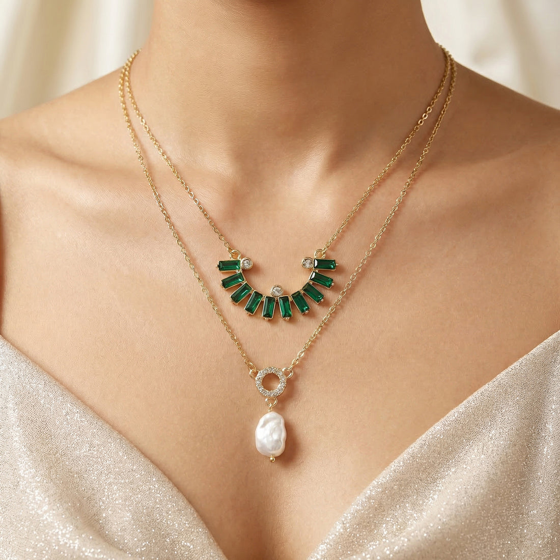 PRAO Necklace Waterproof Layered Crystal & Pearl Set With Earrings