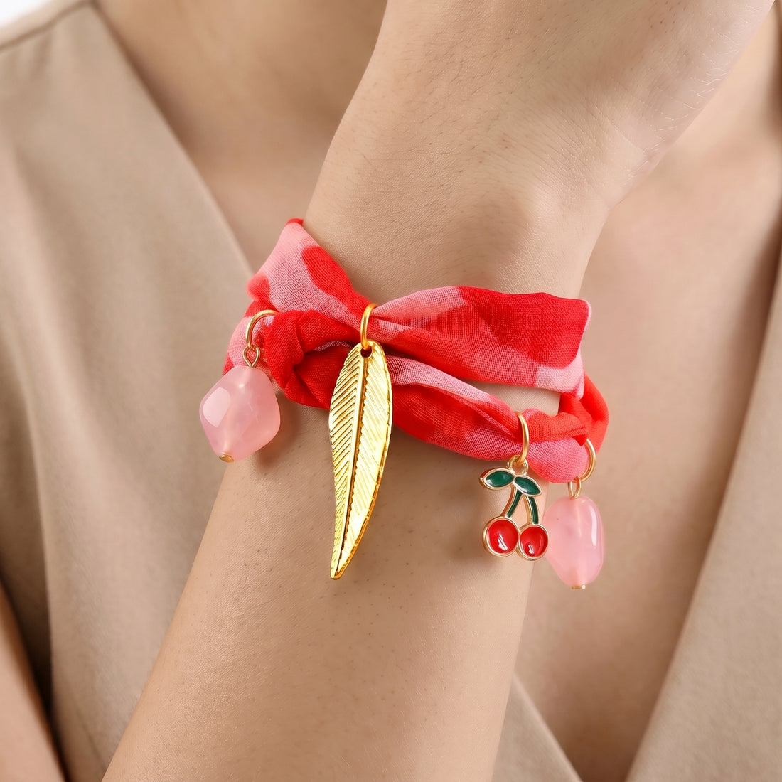 PRAO Necklace Cum Bracelet Anti-Tarnish Red Pink Fabric Printed Cherry Charms Leaf Motifs