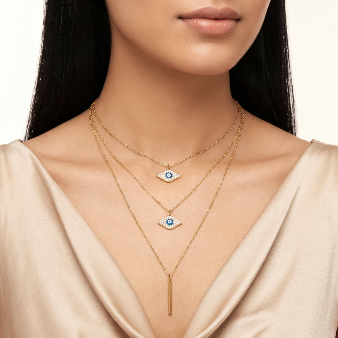 PRAO Necklace Anti-Tarnish Layered Evil Eye Charm With Bar Pendant