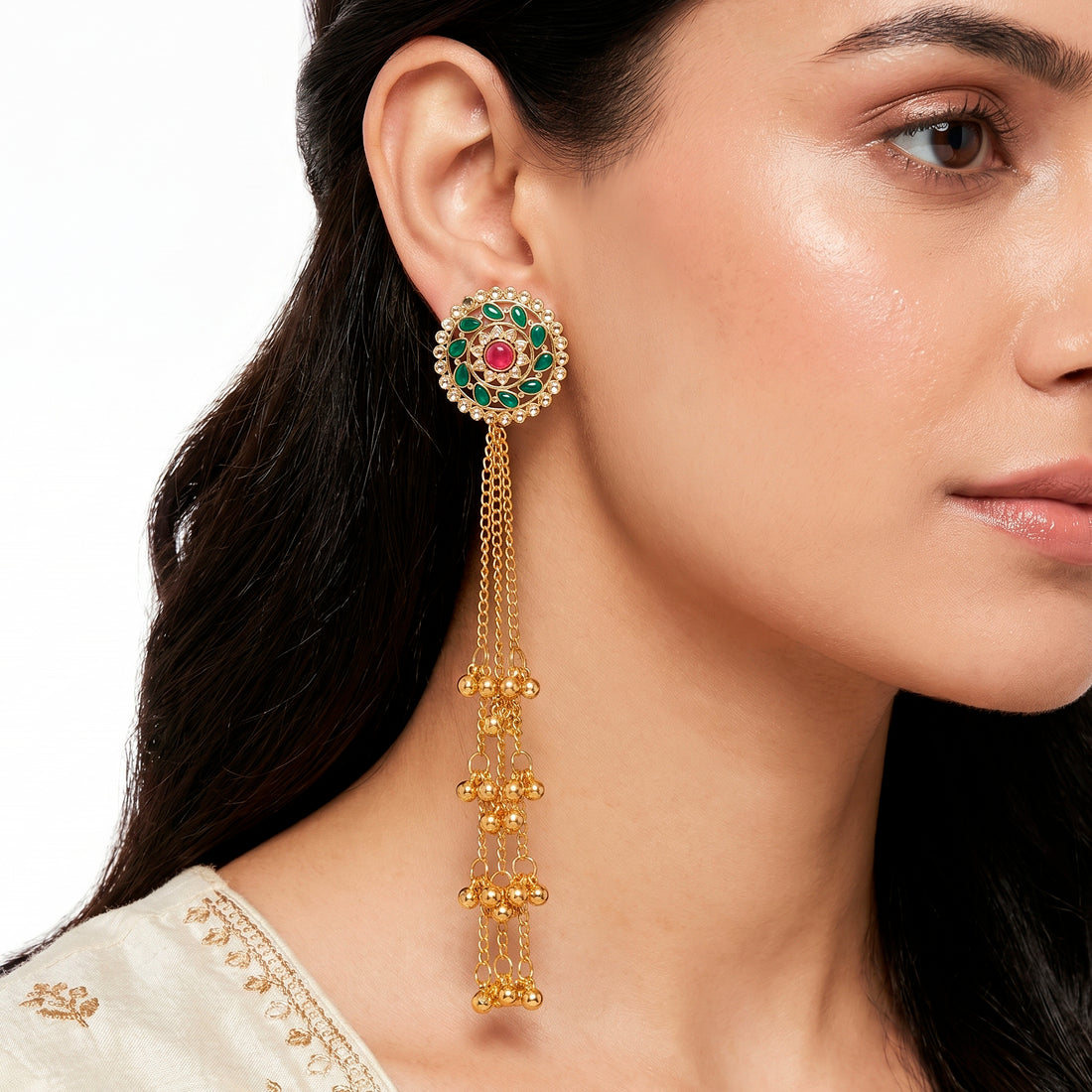PRAO Earrings Anti-Tarnish Kashmiri Ruby Emerald Tassel