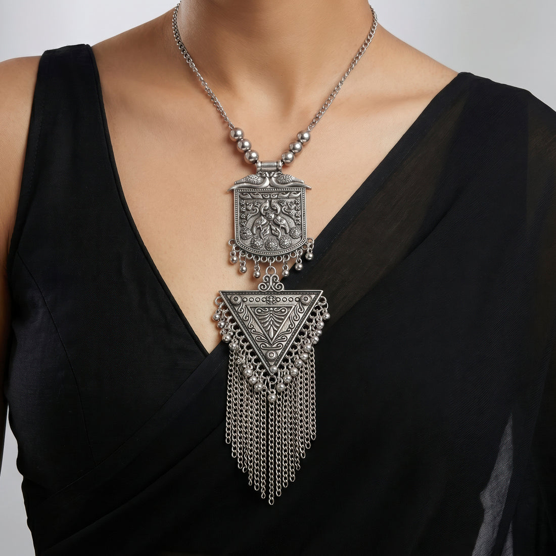 PRAO Necklace Anti-Tarnish Oxidised Tassel Set With Earrings