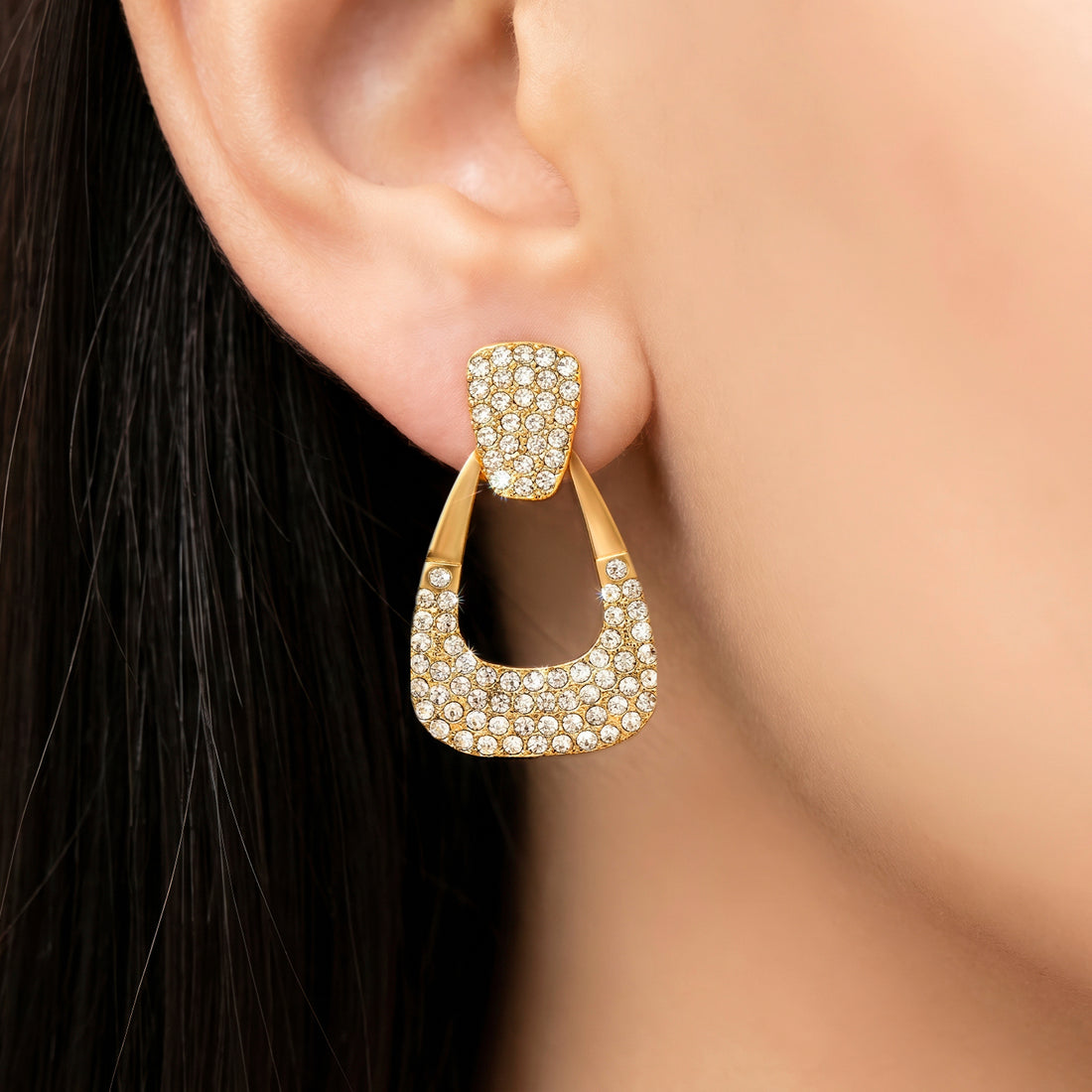 PRAO Earrings Anti-Tarnish Geometric Drop With Clear Rhinestones