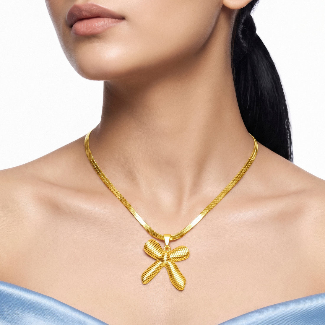 PRAO Necklace Anti-Tarnish Textured Bow Pendant Snake Chain