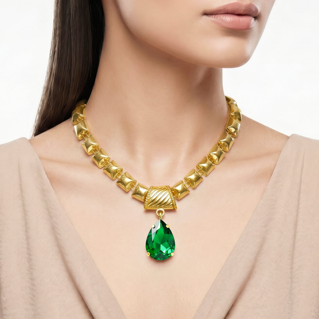 PRAO Necklace Anti-Tarnish Square Fancy Golden Chain Necklace With Big Crystal