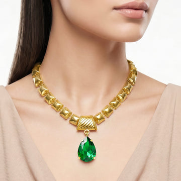 PRAO Necklace Anti-Tarnish Gold Plated Premium Quality Necklace Set With Emerald Green Large Crystal Pendant