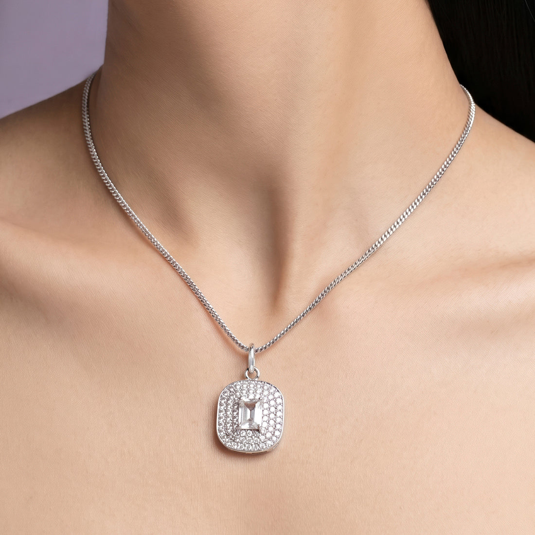 PRAO Necklace Anti-Tarnish Emerald-Cut Center And Pavé Halo