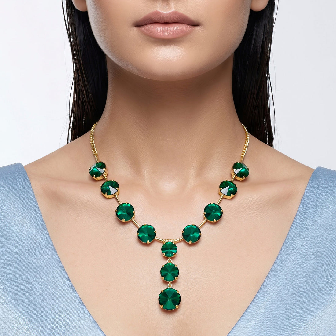 PRAO Necklace Anti-Tarnish Spacer Round Emerald Green Crystals Set