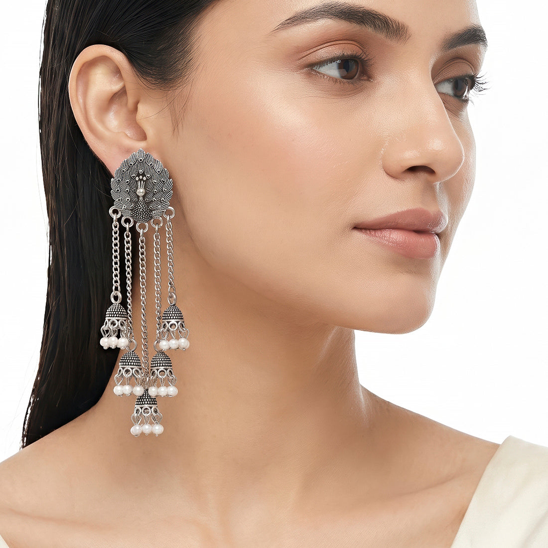 PRAO Earrings Anti-Tarnish Peacock Chain Jhumka